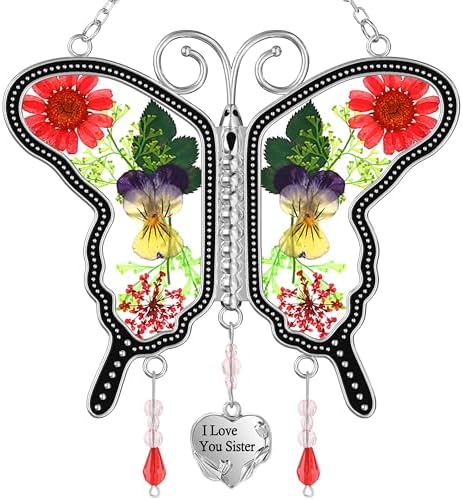 KY&BOSAM Butterfly Suncatcher I Love You Sister Stained Glass Panels Hangings for Windows Suncatchers Pressed Real Flower Wing in Glass Dream Catchers Birthday Mother`s Day Wind Chimes by KYBOSAM