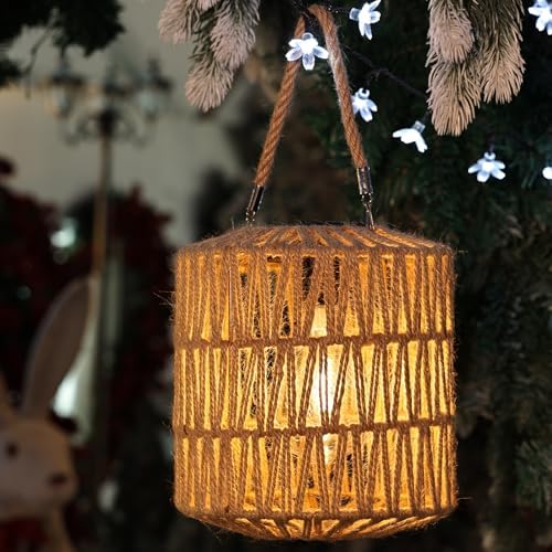 Cooo Large Solar Rope Lantern Outdoor Hanging – Handwoven Jute Rope Lantern with Warm Edison Bulb, IP65 Waterproof Solar Powered Garden Light for Porch Patio, Yard Christmas Decorations, 8.27” Tall by Cooo