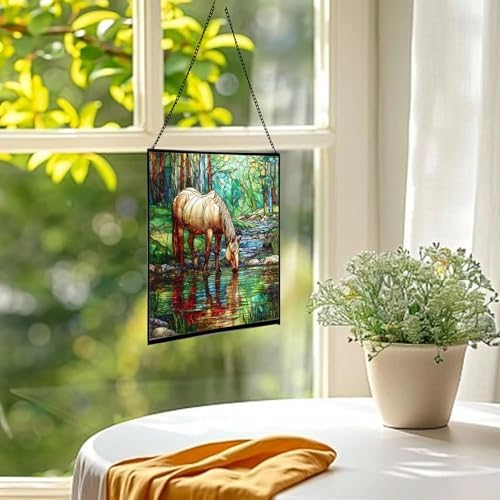 Palomino Rocky Mountain Horse grazing beside shallow stream Square Suncatcher –Stained Glass Style Window Panel with Pastoral Scene, Custom Decorative Hanging Art for Equestrian Home, Christmas Jkv88r - Image 3