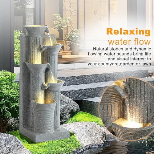 24" H Water Fountain Outdoor, 5-Tiers Cascading Resin Garden Fountains, Indoor Waterfalls Fountain with LED Lights, Bamboo-Shaped Bird Bath Fountains for Patio, Balcony, Yard (Light Gray) - Image 2
