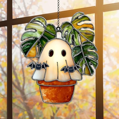 Cute Monstera Ghost Acrylic Suncatcher - Faux Stained Glass Indoor Window Hanging Ornament, Outdoor Sun Catcher Panel, Home Decor Gift for Ghost Lovers by Unknown
