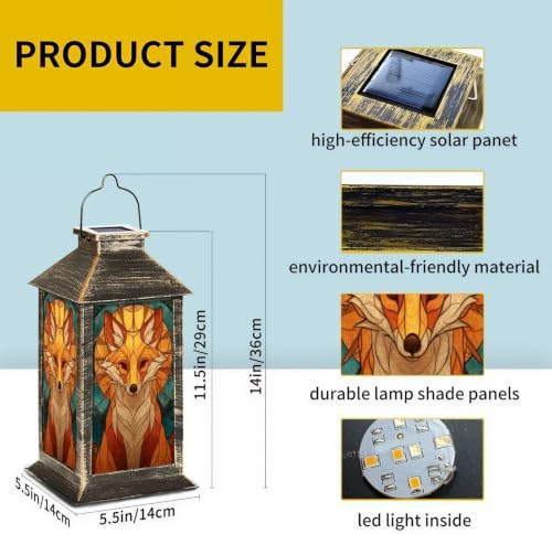 Solar Lantern Symmetrical Fox Stained Glass Outdoor Waterproof Garden Hanging Lantern Solar Powered Lighting Outside Solar Light for Patio Yard Camping, Gifts for Women Mom - Image 2