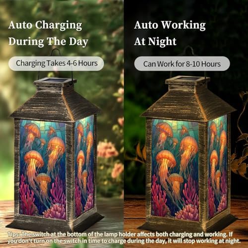 Solar Lantern Enchanting Stained Glass Jellyfish Ocean Scene Glowing Corals Outdoor Waterproof Garden Hanging Lantern Solar Powered Lighting Outside Table Lamp for Patio Deck Camping 1 Pack - Image 3