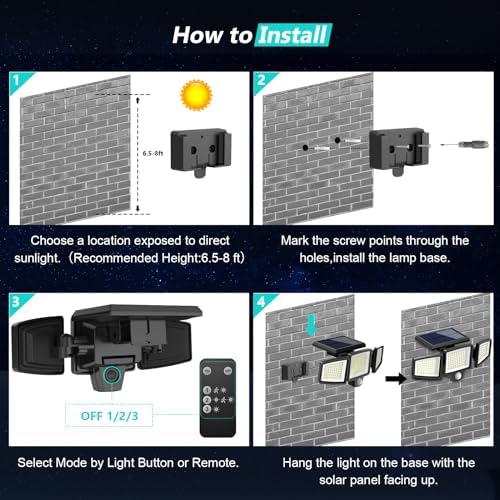 Tuffenough Solar Outdoor Lights 2500LM 210 LED Security Lights with Remote Control,3 Heads Motion Sensor Lights, IP65 Waterproof,270° Wide Angle Flood Wall Lights with 3 Modes(1 Packs) - Image 7