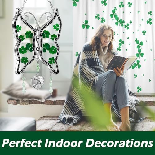 KY&BOSAM St Patrick's Day Shamrock Butterfly Suncatchers I Love You Dad Gifts Ornament Glass Irish for Windows Hanging Wind Chiem with Real Flower Wings Brithday Gifts for Dad Father`s Day Christmas - Image 6