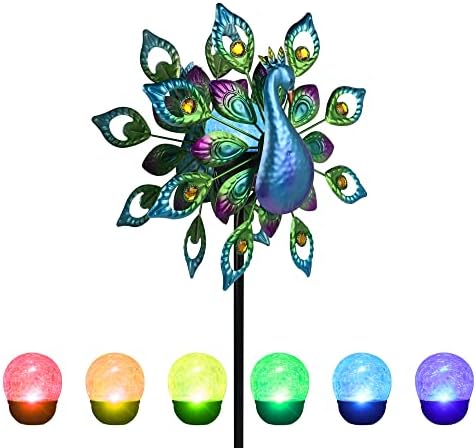 Peacock Solar Wind Spinner, 62Inch Double Wind Sculpture with Color Changing LED Light, Wind Sculptures & Spinners Outdoor Metal Stake Yard Spinners - Image 2
