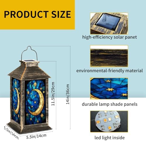 Solar Lantern Moon Stars Stained Glass Window Shades Blue Gold Outdoor Waterproof Garden Hanging Lantern Solar Powered Lighting Outside Table Lamp for Patio Deck Camping 1 Pack - Image 6