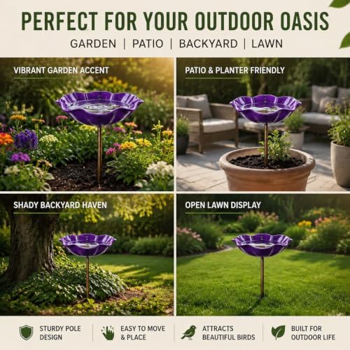 Handmade Metal Flower Bird Bath, Bee & Butterfly Watering Station, Decorative Outdoor Garden Stake with Vibrant Glossy Bowl for Yard Patio Lawn Planter - Image 6