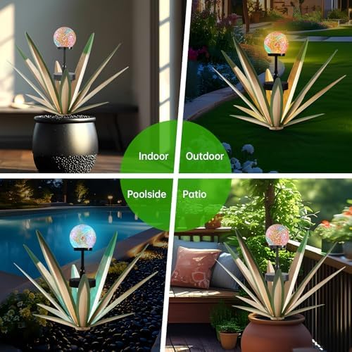 2Pack Metal Agave Rustic Sculpture Yard Decor with Solar Mosaic Light, 21Inches Height Hand Painted Metal Tequila Garden Statue Green - Image 4