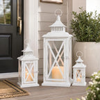 3PCS (20’’&13’’&9’’) Lanterns Decorative Indoor & Outdoor, Vintage White Metal Frame Candle Holders for Front Porch, Patio, Pathway, Balcony, Garden, Yard Decor, Halloween Christmas Decorations - Image 2