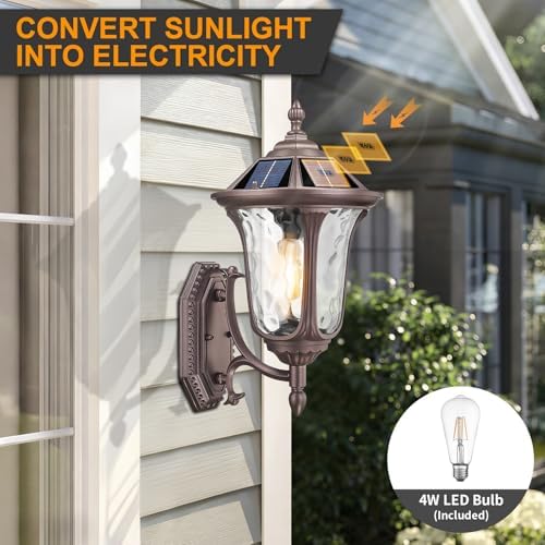 Outdoor Light Fixtures Wall Mount Dusk to Dawn Solar Exterior Wall Sconce Lanterns Remote Control with Water Ripple Glass Lamp Shade for Patio Yard House Hallway, 17'' Medium ORB Color - Image 3
