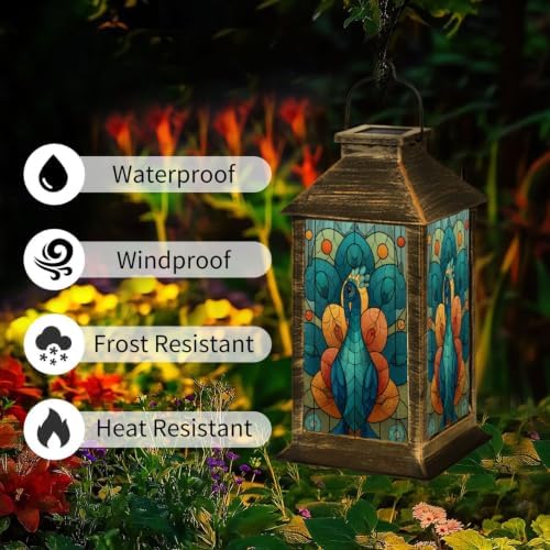 Solar Lantern Colorful Peacock Stained Glass Outdoor Waterproof Garden Hanging Lantern Solar Powered Lighting Outside Solar Light for Patio Yard Camping, Gifts for Women Mom - Image 3