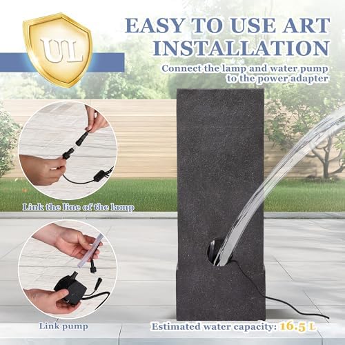 Grepatio 39" Tall Outdoor Water Fountain, Indoor Water Feature Cascading Wall with 5 LED Lights, Large Outside Resin Wtaerfall Fountains for Garden, Yard Patio Home Decor, Natural Stone Look, Gray - Image 4