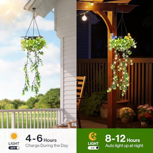 Solar Hanging Garden Lights, 4 Pack 66 LED Outdoor Lights with Realistic Milan Grass & White Flowers, IP65 Waterproof Solar Lanterns for Patio, Porch, Fence, Pergola & Backyard Decor, Auto On/Off - Image 3