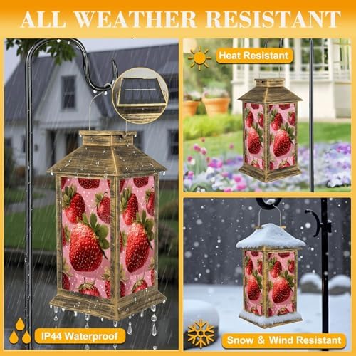 Solar Lantern Outdoor Waterproof Strawberry Polka Red Seamless Strawberry Strawberry Pink Strawberry Garden Decor LED Hanging Solar Lights Tabletop Lamp Gifts for Women Mom Outside Yard Patio Porch - Image 3