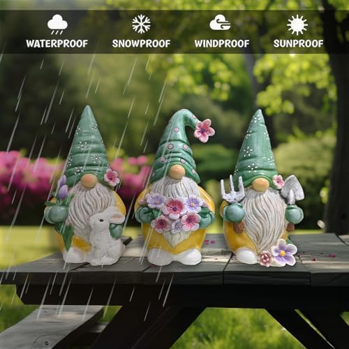 Spring & Summer-Themed Garden Statues – Adorable Outdoor Decor for Lawn, Patio & Porch (Garden Guardians Set of Three 6" Gardening Gnome Figurines, Floral Green and Yellow Statue Decor) - Image 5