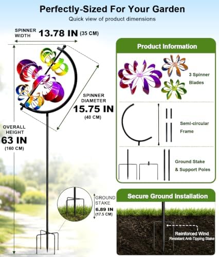 63 in Large Wind Spinners Outdoor, Rainbow Globe Wind Sculpture, - Image 3