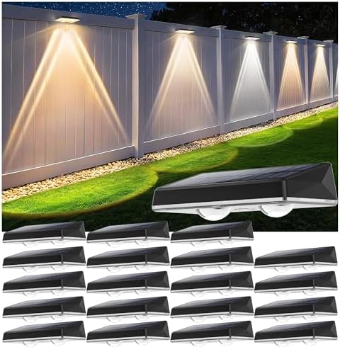 Solar Fence Lights Outdoor, 20 Pack Fence Lights Solar Powered, 3 Color Modes Warm/Natural/Cool White (3000K/4000K/6000K), IP67 Waterproof Dusk to Dawn Solar Lights for Fence, Backyard, Patio, Deck by SunFlickt