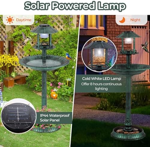 LDAILY Outdoor Bird Bath, 42’’ Solar Lighted Pedestal Birdbaths with Birds Feeder ,20’’ Water Bowl, Flower Planters and 3 Stakes, Attract Birds Antique Bird Bath for Outside Garden, Yard (Green, 42‘’) - Image 4