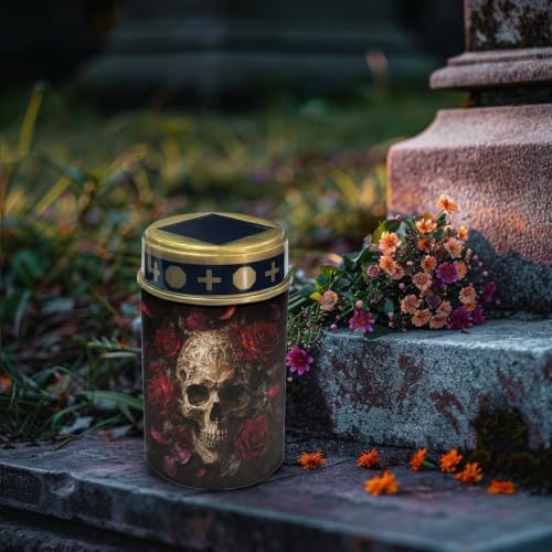 Poceacles Solar Candle Cemetery Solar Lights for Grave LED Garden Flameless Powered Pathway Lights for Halloween Outdoor Decoration, Skull Rose Black Print, 4 Pack - Image 3
