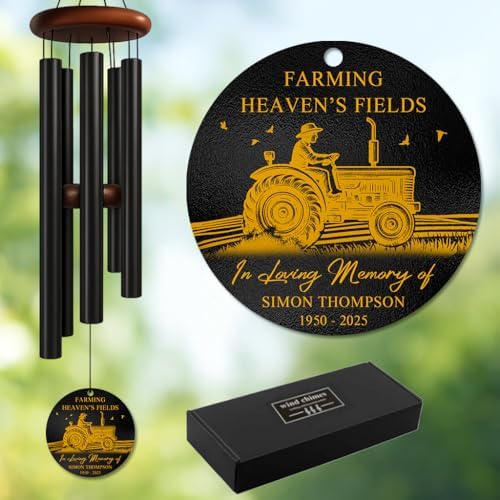 Personalized Farmer Memorial Wind Chime – “Farming Heaven’s Fields” Custom Name & Years – Sympathy Gift for Farming Families – Engraved Tractor Remembrance Windchime for Loss of Loved One Décor by AlpadilCo
