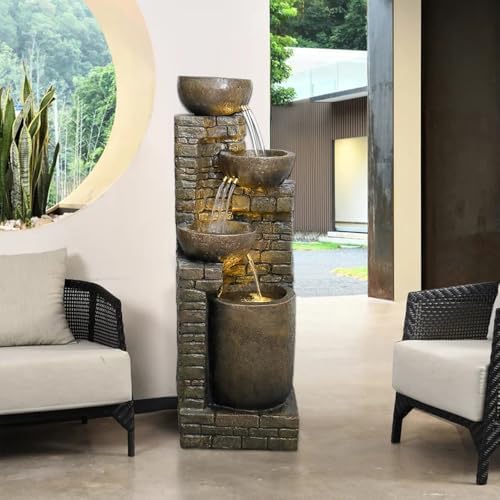 Hamiedun 38.2 ''H Water Fountain Outdoor Cascading Bowls and Stacked Stones with Led Lights Waterfalls Fountain for Outside Gardens, Landscaping, Balconies, Floor Patio,Backyard and Home Art Decor - Image 3