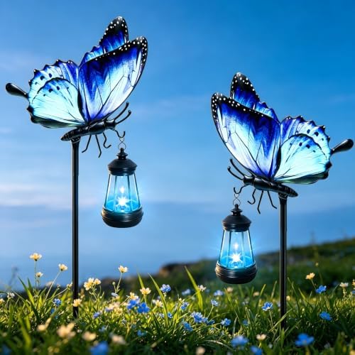 32.7in Blue Metal Butterfly Solar Garden Light with Hanging Solar Lantern by VOOKRY