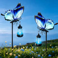32.7in Blue Metal Butterfly Solar Garden Light with Hanging Solar Lantern by VOOKRY