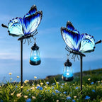 32.7in Blue Metal Butterfly Solar Garden Light with Hanging Solar Lantern by VOOKRY