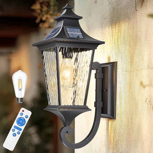 Emliviar Solar Wall Lantern Outdoor, Waterproof Outdoor Sconce Light, Dusk to Dawn LED Exterior Wall Lighting with Water Ripple Glass, Black Finish, 500181-SL SW BK by EMLIVIAR