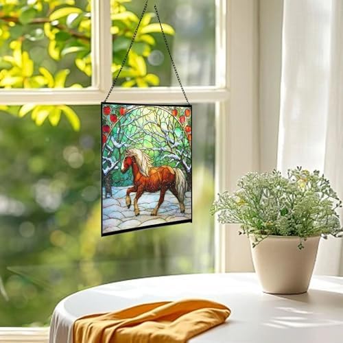 Brown White Icelandic Horse cantering through winter orchard Square Suncatcher–Stained Glass Style Window Panel with Pastoral Scene, Custom Decorative Hanging Art for Equestrian Home, Christmas CamhTa - Image 3