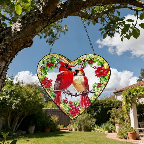 Artisan Stained Glass Cardinal Suncatcher, Heart Shaped Window Hanging Decor, Romantic Red Bird Art Ornament for Home & Garden, Perfect Valentine's Day - Image 4