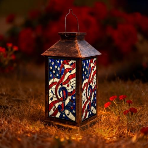 Solar Lantern Patriotic Stained Glass Design Outdoor Waterproof Garden Hanging Lantern Solar Powered Lighting Outside Solar Light for Patio Yard Camping, Gifts for Women Mom by Unknown