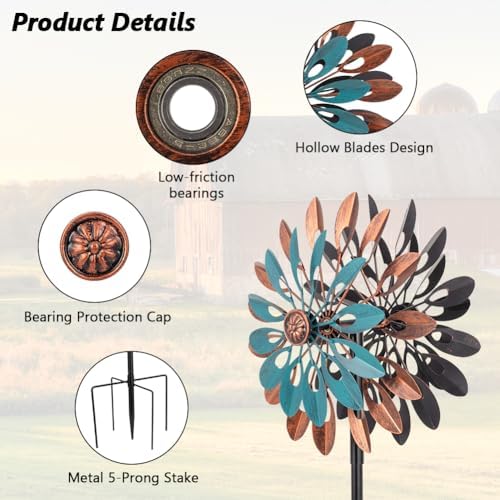 VEWOGARDEN 360° Outdoor Metal Wind Spinners Kinetic Wind Sculptures & Spinners for Yard Garden Lawn Patio Decorations, Blue & Bronze - Image 5
