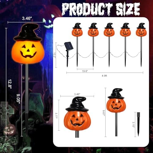 BRIGHTDECK Halloween Pumpkin Stake Lights, Set of 10 Solar Pumpkin Lights, Waterproof Halloween Decorations for Outdoor Garden and Yard (Hat Pumpkin) - Image 2
