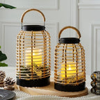Handwoven Rattan Lantern Set, Straw Handle, Boho Style, Patio Lanterns. by Unknown