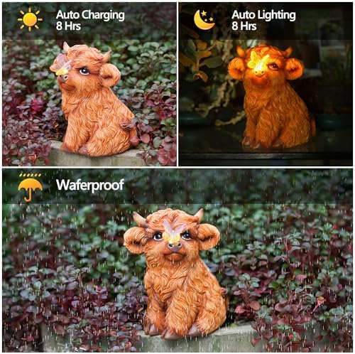 Highland Cow Solar Powered Outdoor Garden Statue, with Light Lantern - Image 5