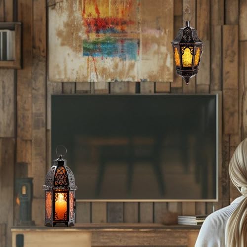 NEEDOMO Moroccan Table & Hanging Lanterns, Amber Metal Lanterns Decorative Indoor/Outdoor, Table, Patio, Porch, Shelf, Gothic Home Decor - Image 6