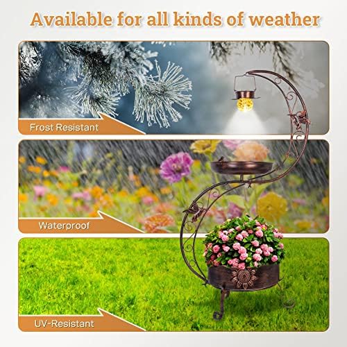 VEWOGARDEN S Bird Baths for Outdoors Metal Standing Bird Bath with Solar Lamp Vintage Garden Birdbaths with Flower Planter Pedestal(36" H * 19.6" W) - Image 4