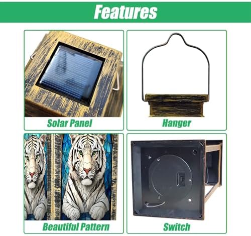 Solar Lantern Stained Glass White Tiger Green Eyes Wildlife Artwork Outdoor Waterproof Hanging Solar Light Outside Lights for Patio Yard House Lawn Decor Birthday Gifts for Women Mom - Image 3