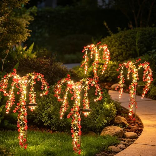 Solar Garden Lights Outdoor Waterproof, 4 Pack Solar Flower Lights Outdoor with Red Eucalyptus Flowers & 2 Lighting Modes, Decorative Solar Lights Outdoor for Yard Patio Lawn Decor, Gifts by AureateHorizon