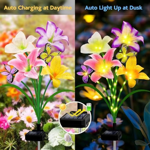 Solar Lights Outdoor, Gift for Women Mom Grandma Wife, 6 Pack 24 Solar Lily Flower Lights With 16 Butterfly Decor Solar Flower Lights Waterproof Outside Decor Stake Light for Landscape Yard Patio Lawn - Image 3