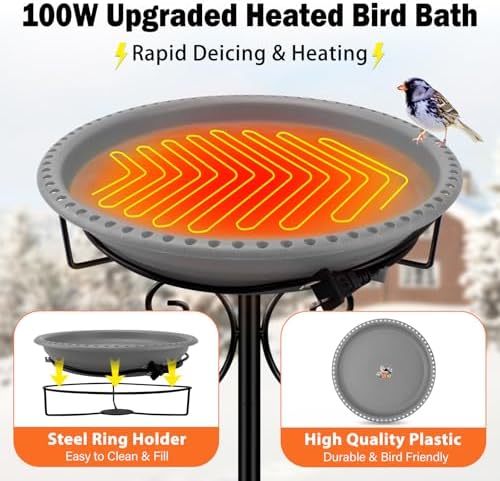 Daoeny Heated Bird Bath for Winter, 100W Heated Bird Baths for Outdoors Thermostat Control with 5-Prong Metal Base, Heated Bird Bath for Outside Winter Garden Patio Yard Lawn (Grey) - Image 2