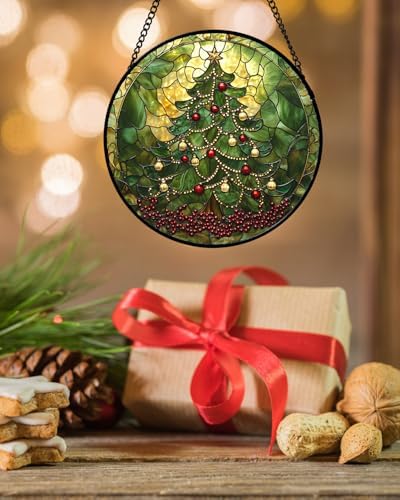 Stained Glass Window Hanging - Retro Green Christmas Tree Suncatcher for Doors Home Christmas Decoration Sun Catcher Thanksgiving New Year Birthday Gifts for Women Men Mom Nana 15 in - Image 5