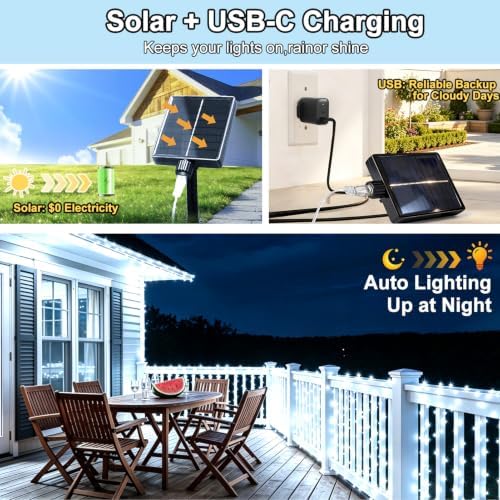 KNONEW 203FT 600LED Solar Fairy String Lights Outdoor Cool White 8 Modes - Image 3