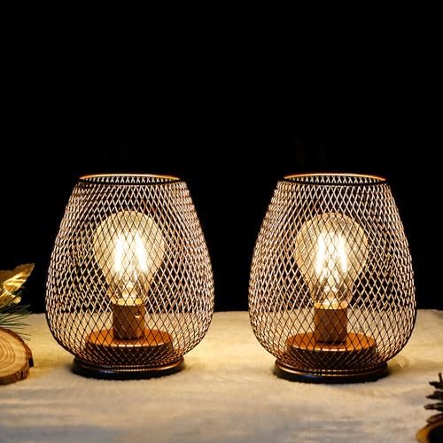 TRIROCKS Set of 4 Battery Operated Lamp LED Table Lantern, Metal Cage Cordless Lamps with LED Bulb，Vintage Decorative Outdoor Lantern for Weddings, Parties, Patio, Events for Indoors Shelf Decor - Image 2