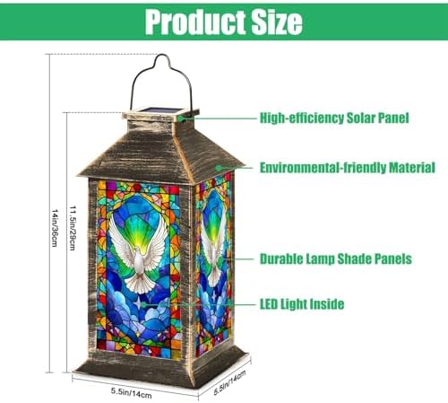 Solar Lantern Vibrant Stained Glass Dove Radiant Colors Abstract Design Garden Hanging Lantern Waterproof Solar Powered Lighting Outdoor Table Lamp for Deck Yard Camping Patio Christian Decor - Image 2