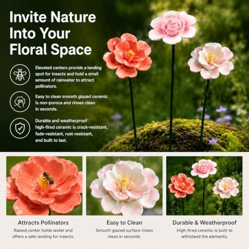 Handmade Ceramic Mini Pollinator Watering Station Set – Flower Shaped Bee Water Feeder & Butterfly Bath – Decorative Garden Stakes Outdoor Ornaments for Lawn, Patio, and Potted Plants (4 pcs) - Image 5