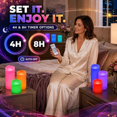 Enido Flameless Candles, Color Changing LED Candles(D: 3" x H: 4" 5" 6") Battery Operated Outdoor Waterpoof Candles Plastic Pack of 9 Flameless Pillar Candles - Image 3