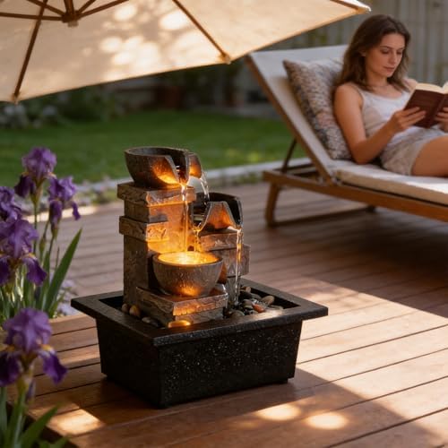 MAOCHI Indoor Fountain 3-Bowl Rockery Soothing Sound Tabletop Fountains Home/Office Decor with Natural River Rocks LED Lights Automatic Watering Pump(22044A) - Image 4